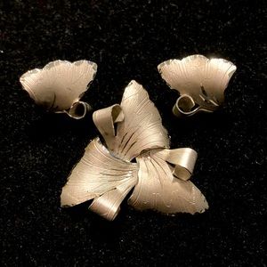 Tru-Kay Vintage Brushed Sterling Silver Petal Brooch and Clip Earring Set